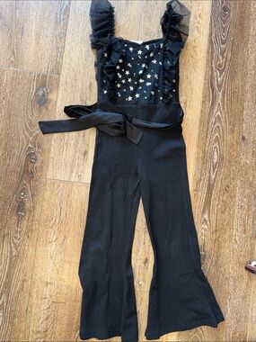 Girls Black Star-Print Ruffle-Strap Jumpsuit with Tie Waist